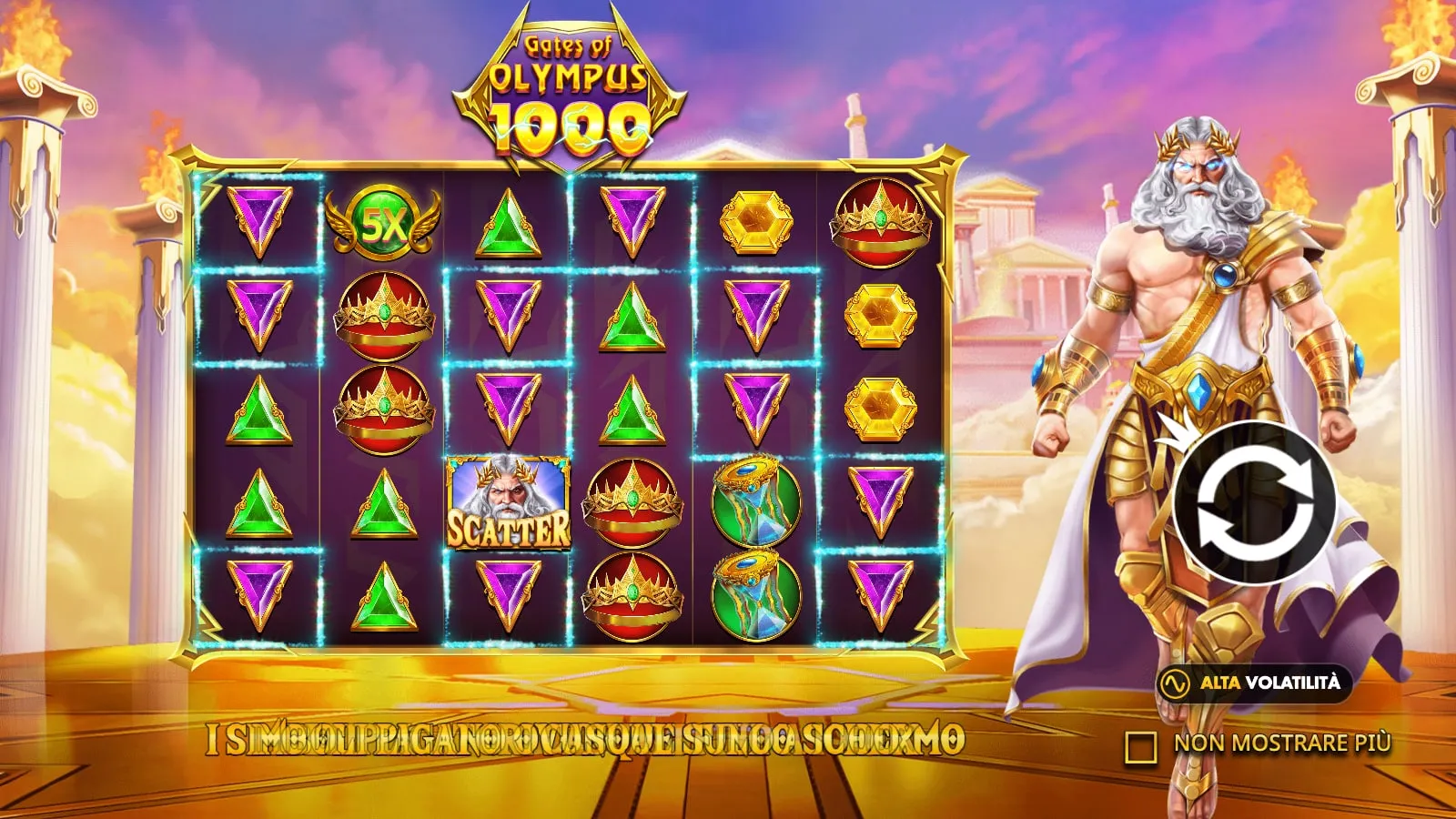 Schermata iniziale di Gates of Olympus 1000 con l’etichetta Alta volatilità
