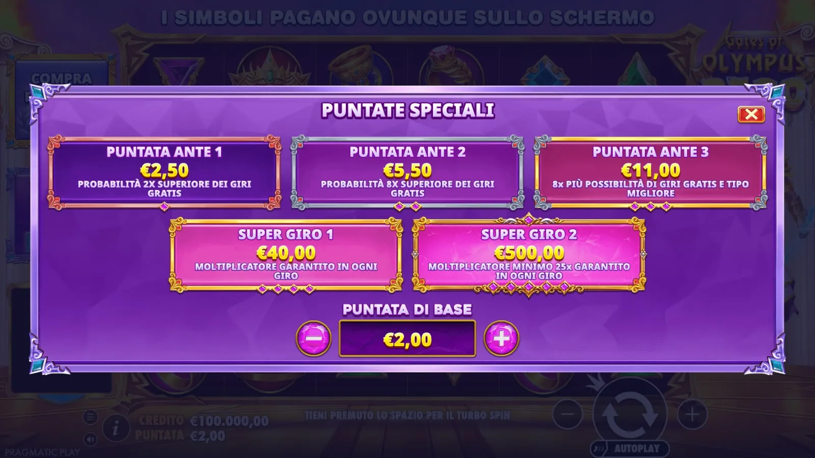 Il menu Puntate speciali di Gates of Olympus 2500: Puntata Ante 1, 2 e 3, Super Giro 1 e Super Giro 2 con i rispettivi costi