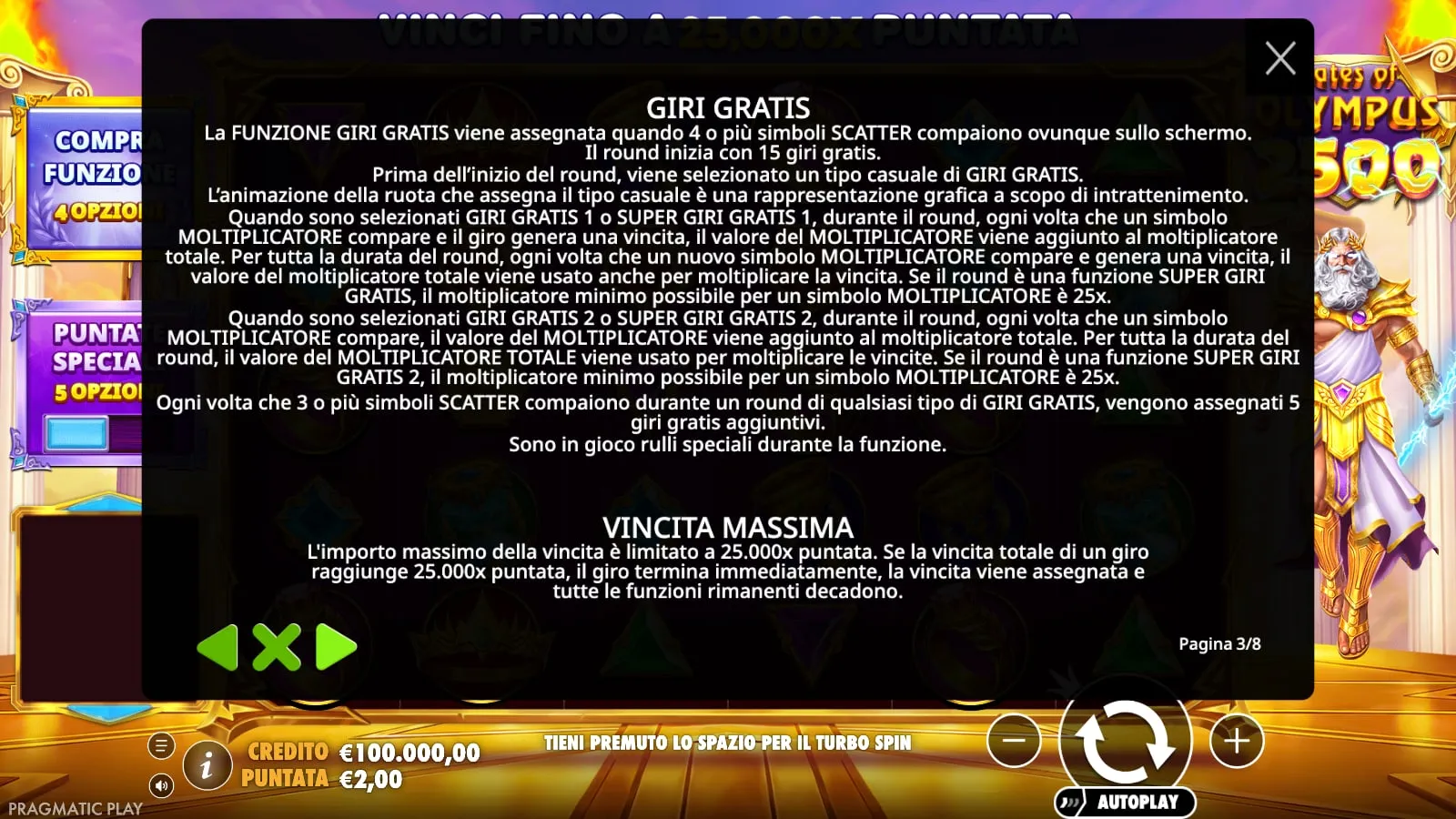Pagina delle regole di Gates of Olympus 2500 sui giri gratis: il testo indica 25x come moltiplicatore minimo dei Super Giri Gratis