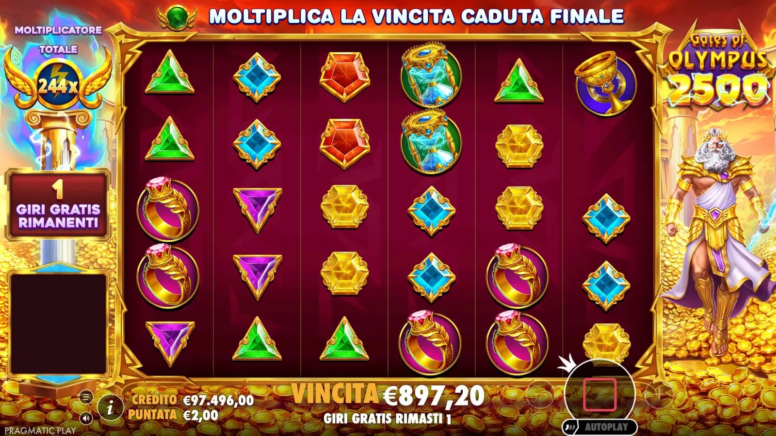 Super Giri Gratis 2 in Gates of Olympus 2500 con un moltiplicatore totale a tre cifre