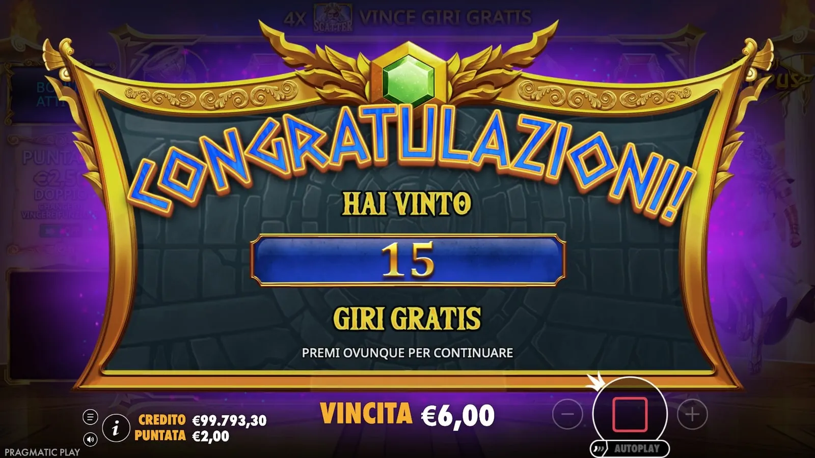 Pannello Congratulazioni: hai vinto 15 giri gratis, premi ovunque per continuare