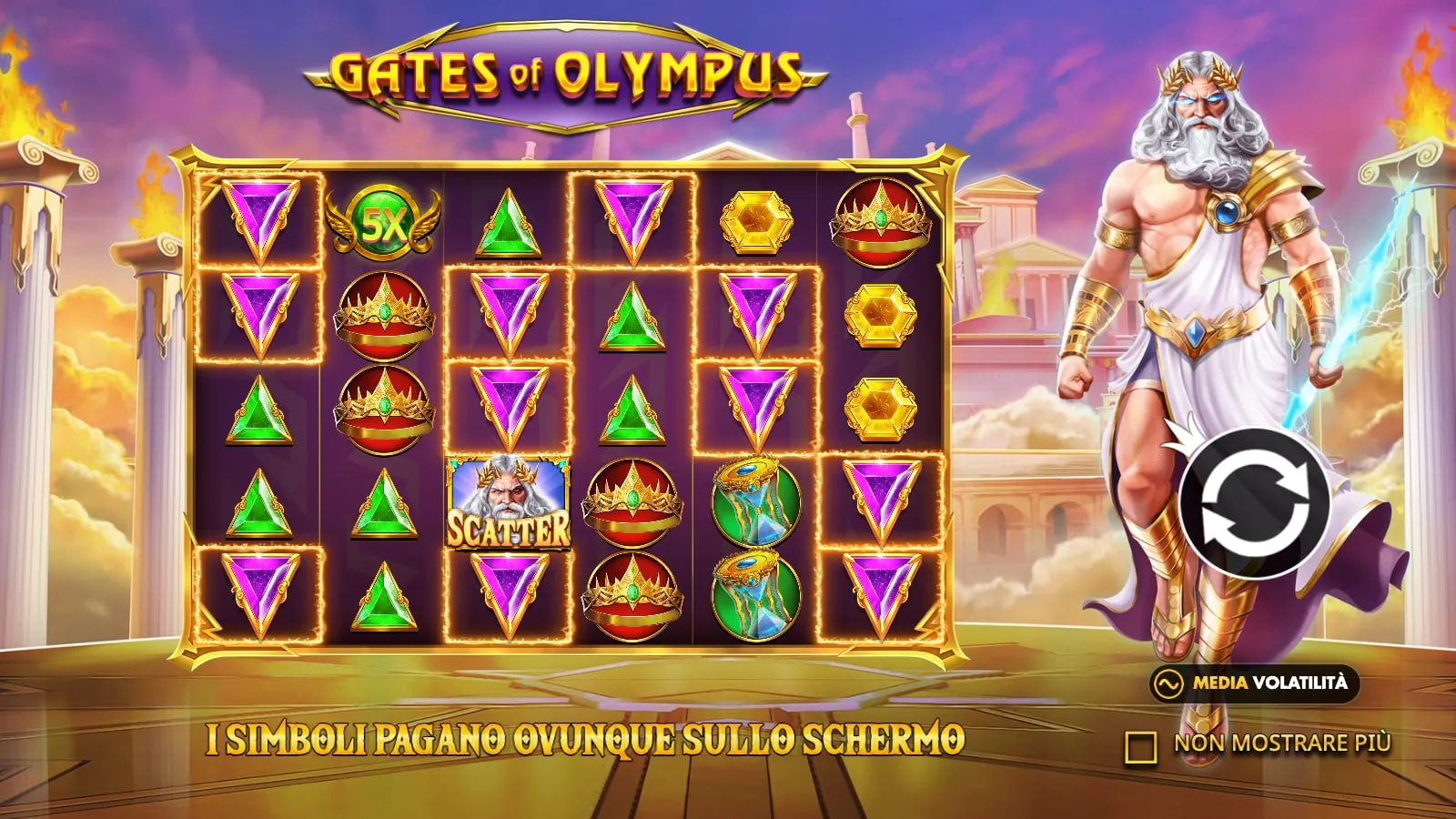 La schermata iniziale di Gates of Olympus con l’indicazione Media volatilità e i moltiplicatori casuali fino a 500x