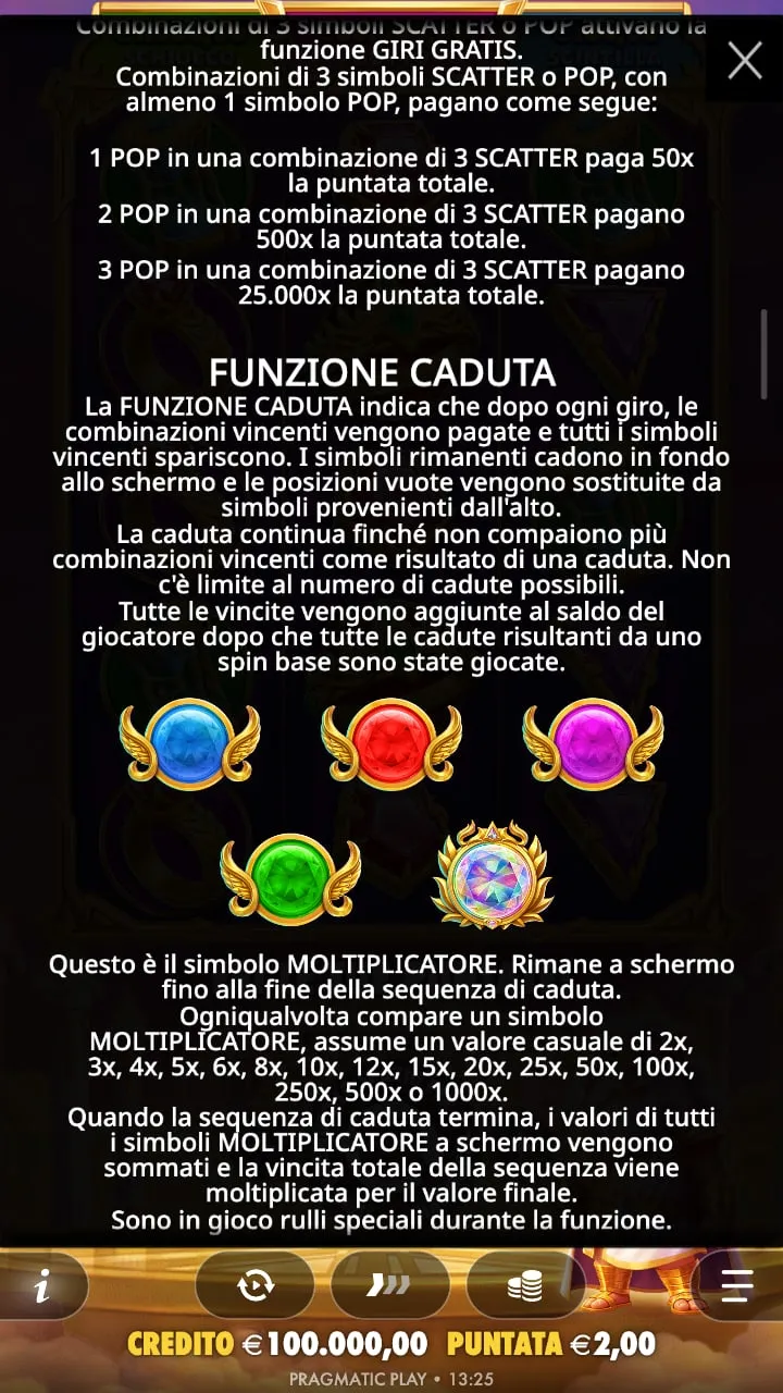 Regole di POP: uno, due o tre simboli POP in una combinazione di tre scatter pagano 50x, 500x e 25000x