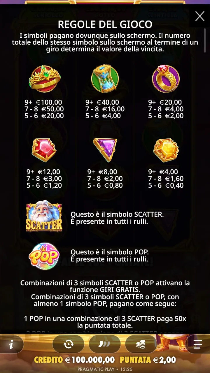Tabella dei pagamenti di Gates of Olympus POP: sei simboli con premi per 5-6, 7-8 e 9 o più simboli, più scatter e simbolo POP