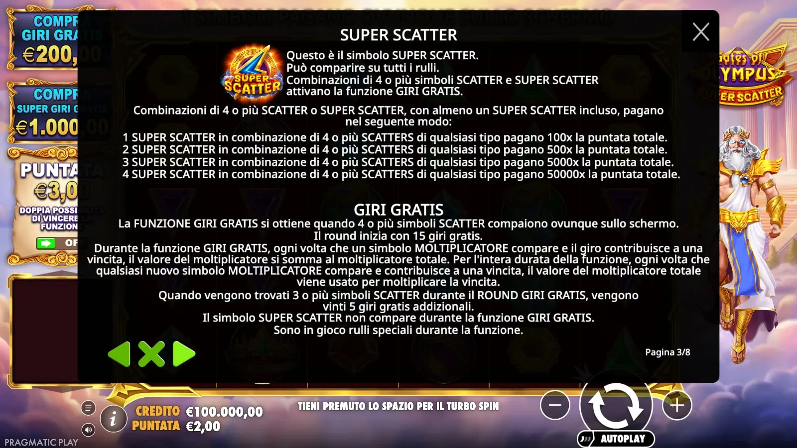 Pagina delle regole che descrive il simbolo Super Scatter e i premi da 100x, 500x, 5000x e 50000x