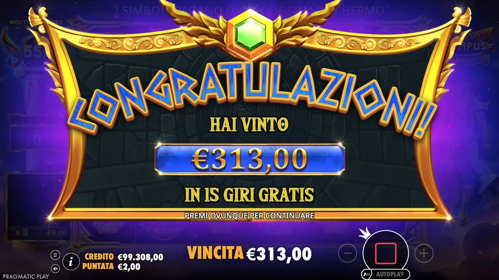 Pannello finale dei Super Giri Gratis: hai vinto 313 euro in 15 giri gratis