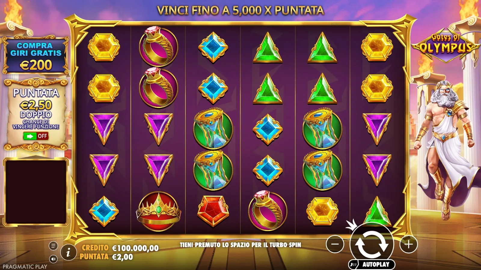 La schermata di Gates of Olympus nella demo ufficiale: griglia 6×5, pulsante Compra giri gratis e Puntata Ante a sinistra, Zeus a destra