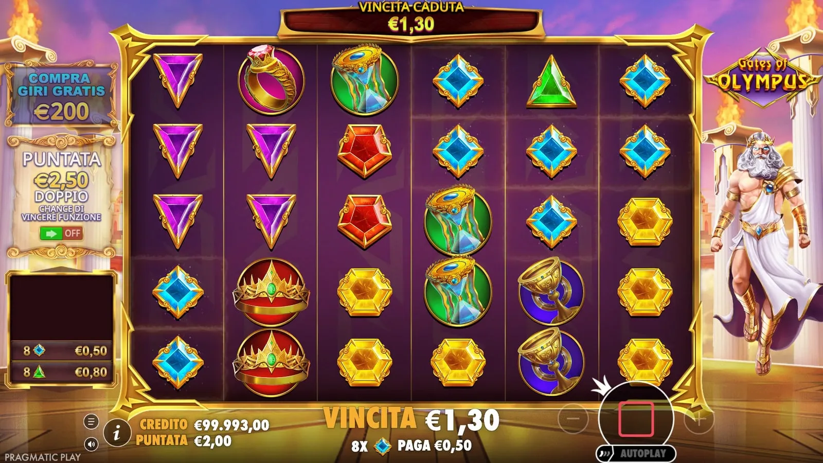 Una sequenza di cadute in Gates of Olympus con la vincita della caduta in alto e l’elenco delle combinazioni a sinistra
